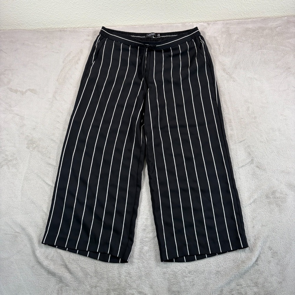 Lauren Ralph Lauren Wide-Leg Cropped Palazzo Pants Women Large Black Striped NEW